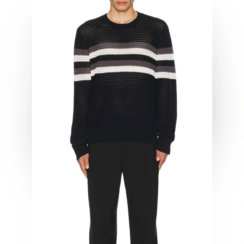 Vince Men’s Crochet Chest Stripe Crewneck Sweater in Coastal Combo